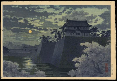 Lifelike - Wieczór w świetle księżyca na Zamku Ōsaka; Tsuchiya Koitsu
drzeworyt, 193...