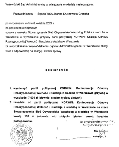 WatchdogPolska - 7 000 zł grzywny dla partii KORWiN. Postanowienie jeszcze nieprawomo...