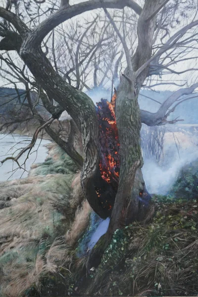 Clark_Nova - Karol Palczak - Płonące drzewo – olej na blasze, 84,5 X 55 cm, 2020, Krz...