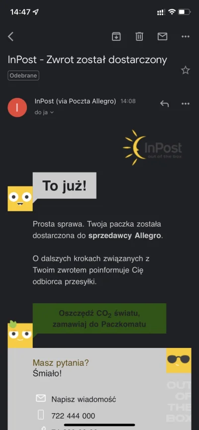 mistejk - #inpost #gorzkiezale #allegro 

Dzięki Inpost i @allegro_pl za maila, od ra...