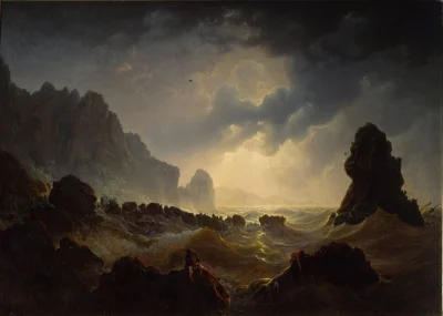 Lifelike - Burza o zachodzie słońca w pobliżu Faraglioni na Capri; Józef Rebell
olej...
