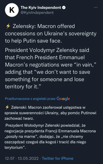 N.....e - Zełenski: Macron zaoferował ustępstwa w sprawie suwerenności Ukrainy, aby p...