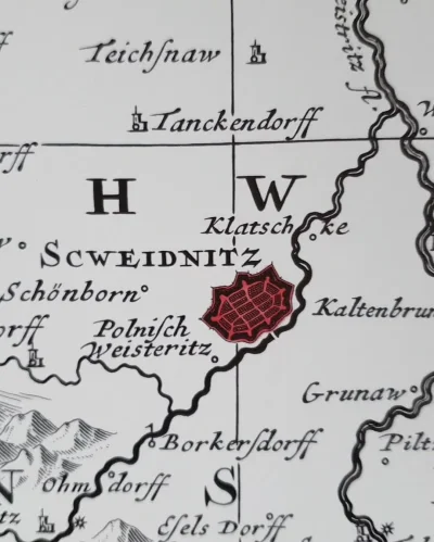 prawo - Bry. Mapa księstwa świdnickiego z 1690 roku - odnowiona i ręcznie malowana.
...