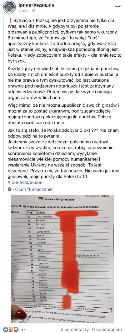 kcpi - Robi się lekka afera z punktami od jury z Ukrainy XD Jurorka udostępniła swoją...