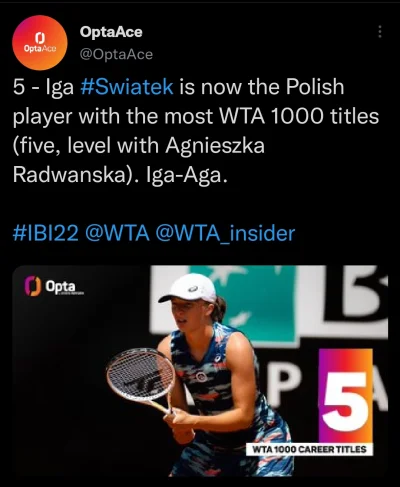 mat9 - Brawa
Tyle samo tytułów WTA 1000 co Agnieszka Radwańska