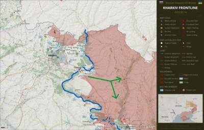 JanLaguna - Sytuacja pod Charkowem, na niebiesko zaznaczona rzeka Doniec, na zielono ...