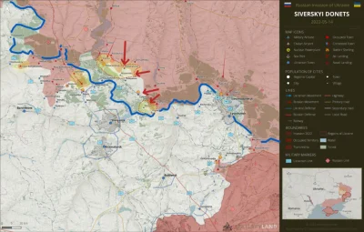JanLaguna - Sytuacja na linii rzeki Doniec, na niebiesko zaznaczono Doniec, a na lekk...