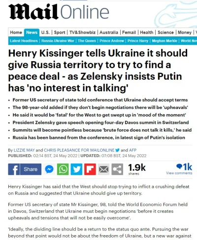 p.....m - > Henry Kissinger tells Ukraine it should give Russia territory to try to f...