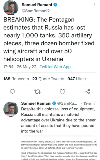konradpra - Pentagon ocenia rosyjskie straty na 
Prawie 1000 czołgów.
350 sztuk art...