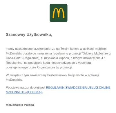 marek123123123 - Niby mam bana ale dalej moge odbierać kupony xD
#mcdonalds