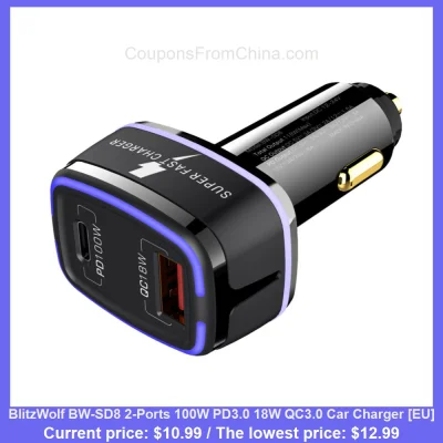 n____S - BlitzWolf BW-SD8 2-Ports 100W PD3.0 18W QC3.0 Car Charger [EU]
Cena: $10.99...