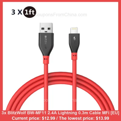 n____S - 3x BlitzWolf BW-MF11 2.4A Lightning 0.3m Cable MFi [EU]
Cena: $12.99 (najni...