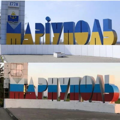 Walus002 - Rosjanie pomalowali stelę w Mariupolu w barwy swojej flagi i umieścili na ...