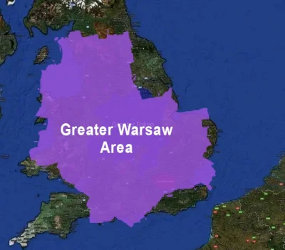 Pan_Grzybek - porównanie wielkości Warszawy do Londynu i Tokio na mapie Wielkiej Bryt...