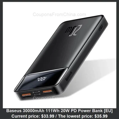 n____S - Baseus 30000mAh 111Wh 20W PD Power Bank [EU]
Cena: $33.99 (najniższa w hist...