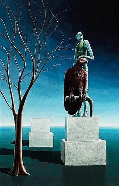GARN - Composition with man and eagle , (1978) oil on board 122 x 79 cm