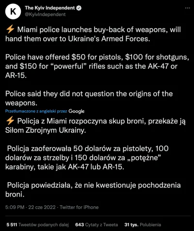N.....e - > Policja z Miami rozpoczyna skup broni, przekaże ją Siłom Zbrojnym Ukrainy...