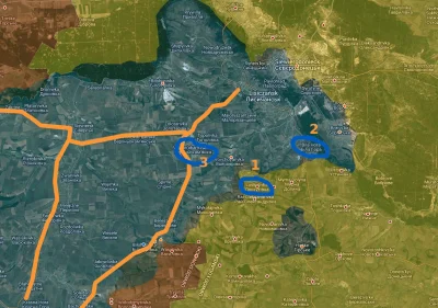 JanLaguna - Sytuacja na południe od Lisiczańska. Numerami oznaczono Loskutiwkę (1), B...