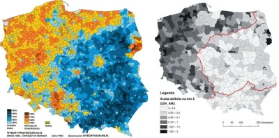 niochland - Wyniki wyborów w w 2015 i liczba dzików na km2 w Polsce

#polska #mappo...