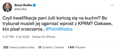 L3stko - Nie broniąc Przyłębskiej, tweet Budki trąci mizoginią i szowinizmem. Postępo...