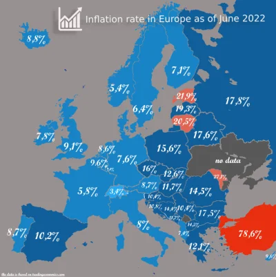 JoeShmoe - Stopa inflacji w poszczególnych krajach, w Europie, w czerwcu 2022. Dania ...
