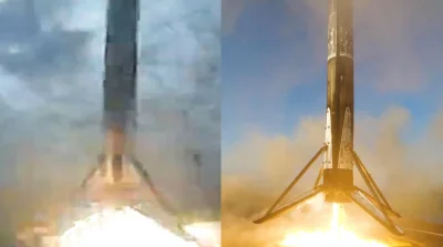 blamedrop - > LEFT: frame of a Falcon 9 rocket landing at sea using VSAT systems.
 RI...