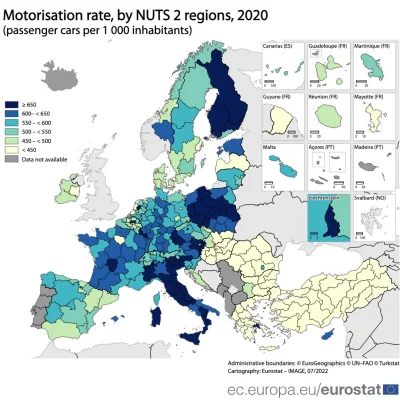 pytlar - mapka pokazuję liczbę samochodów na 1000 mieszkańców w EU . Widać nawet zabo...