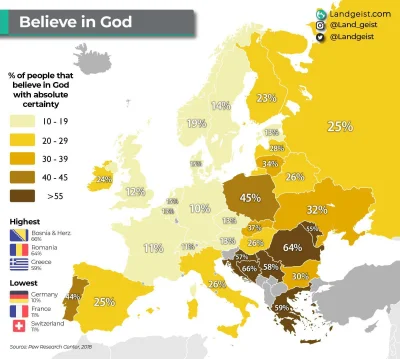 A.....1 - Odsetek ludzi, którzy wierzą w istnienie Boga.
#mapy #mapporn #religia #ci...