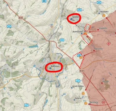 JanLaguna - Sytuacja pod Bachmutem, kropkami zaznaczyłem obszar który najprawdopodobn...