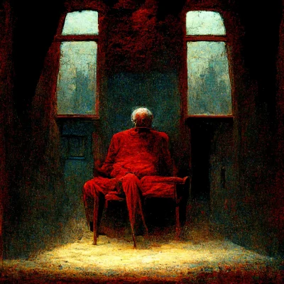 suluf - beksinski style older man sitting on a chair in dark basement with red walls ...