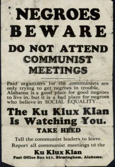 M.....a - Plakat KKK z 1933 ostrzegający czarne osoby przed #komunizm 
 Opłacani agit...