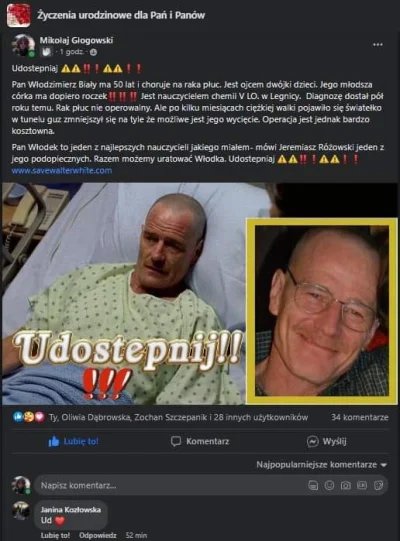 karma-zyn - Naczyciel z Legnicy potrzebuje pomocy, ma raka płuc, lekarze dają mu pół ...