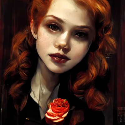 Sokhzyf - #midjourney Vampire red hair girl with roses in the bar