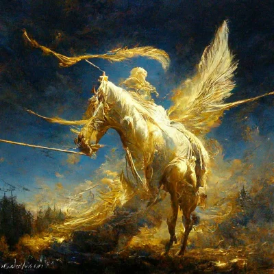 T1001 - @Borealny: "demigod golden angel in the sky on a horse pointing the bow on el...