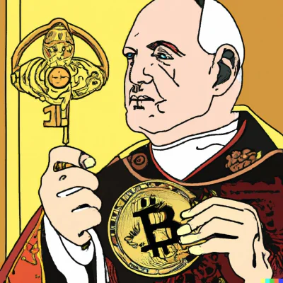 d.....o - Pope John Paul II holding a key in one hand and a bitcoin in the other in b...