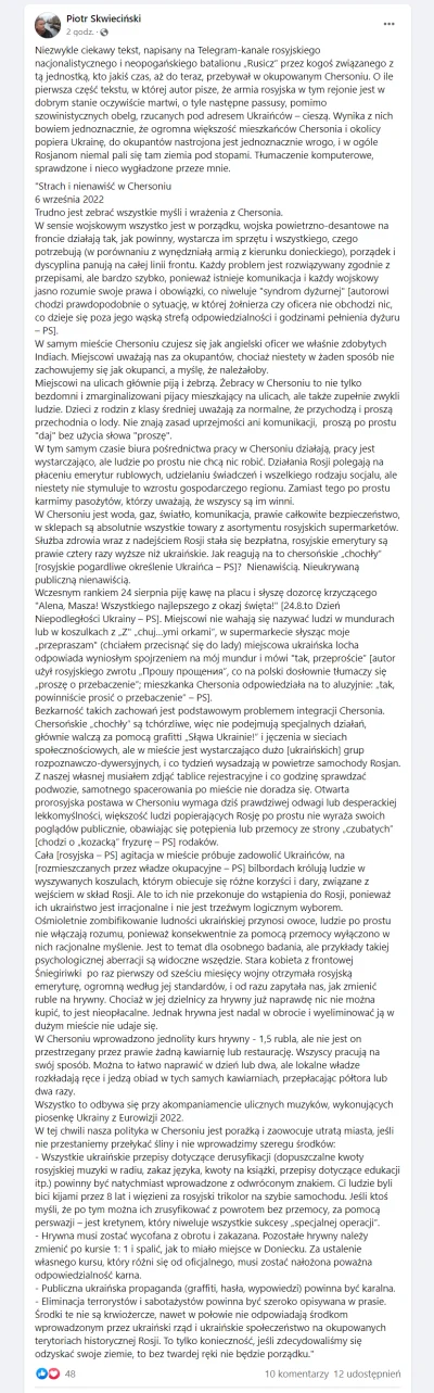 JPRW - Bardzo ciekawy tekst o nastrojach ludności w Chersoniu napisany przez orkowego...