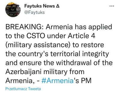 waro - Armenia właśnie uruchomiła coś na wzór artykułu 5 NATO i wezwała do pomocy woj...