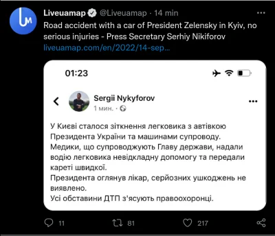 bijotai - Twitter pisze, że Zelenski miał wypadek samochodowy w Kijowie. Podobno bez ...