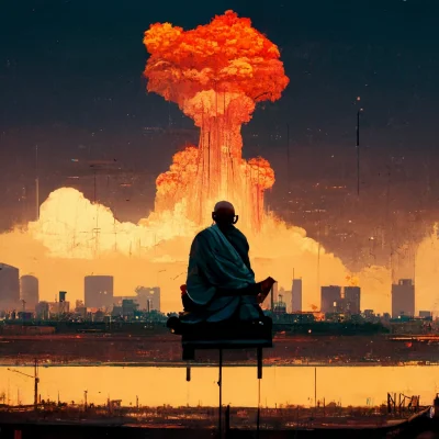 scotty79 - Ghandi watching nukes fall on a city