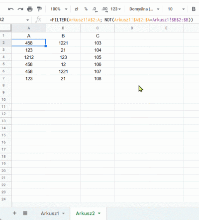 Deykun - @danielemilka: 
Według warunku wyżej:
A: =FILTER(Arkusz1!A$2:A; NOT(Arkusz...