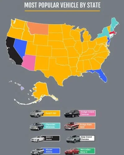 zainteresowanyja - #motoryzacja #usa #mapa
Najpopularniejszy samochód w USA