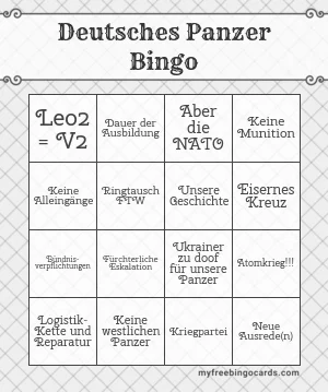 Okcydent - Niemieckie bingo czołgowe:

'Leo2=V2' - chodzi o drugowojenne V2
'Dauer...