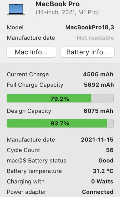 onionspirit - 93% sprawności baterii w MBP 14" 2021 sporadycznie używanym na baterii ...