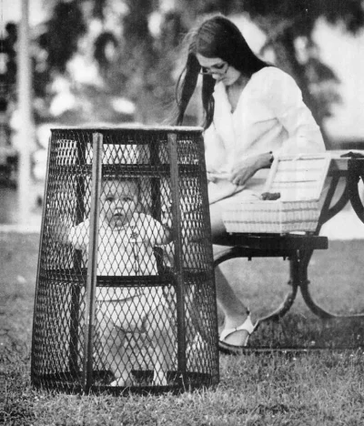 cheeseandonion - >Mom uses a trash can to contain her baby while she crochets in the ...