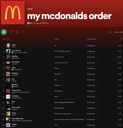 k.....r - Dobra playlista. ( ͡° ͜ʖ ͡°)

#heheszki #mcdonalds #spotify #muzyka