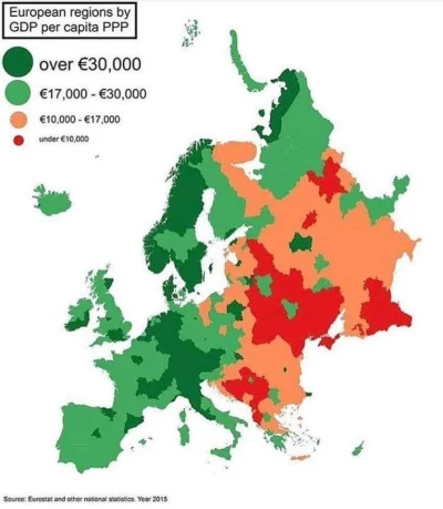 DrCieplak - Mapa PKB na mieszkańca wszystkich regionów Europy (nie tylko UE). 
#euro...