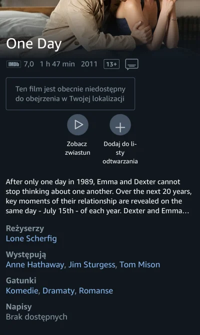 piotrveyner - #amazonprimevideo mógłby ktoś sprawdzić czy film One Day ma polskie nap...