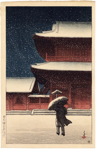 Lifelike - Śnieg w świątyni Zōjō-ji; Kawase Hasui
drzeworyt, 1922 r.
#artevaria
#s...