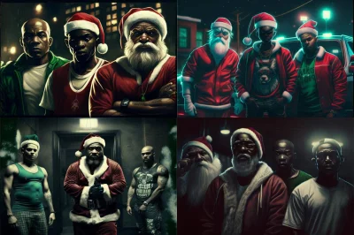 MarcinOrlowski - Santa Claus and Elves as the Cribs gang members, night scenery, rap ...