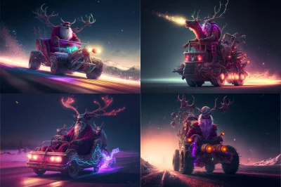 MarcinOrlowski - Prompt: "Mechanical reindeer, Santa Claus in the sledge, Pimp My Car...